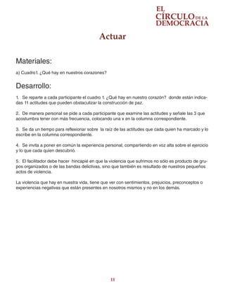 11
Materiales:
a) Cuadro1. ¿Qué hay en nuestros corazones?
Desarrollo:
1.	 Se reparte a cada participante el cuadro 1. ¿Qué hay en nuestro corazón? donde están indica-
das 11 actitudes que pueden obstaculizar la construcción de paz.
2.	 De manera personal se pide a cada participante que examine las actitudes y señale las 3 que
acostumbra tener con más frecuencia, colocando una x en la columna correspondiente.
3.	 Se da un tiempo para reflexionar sobre la raíz de las actitudes que cada quien ha marcado y lo
escribe en la columna correspondiente.
4.	 Se invita a poner en común la experiencia personal, compartiendo en voz alta sobre el ejercicio
y lo que cada quien descubrió.
5.	 El facilitador debe hacer hincapié en que la violencia que sufrimos no sólo es producto de gru-
pos organizados o de las bandas delictivas, sino que también es resultado de nuestros pequeños
actos de violencia.
La violencia que hay en nuestra vida, tiene que ver con sentimientos, prejuicios, preconceptos o
experiencias negativas que están presentes en nosotros mismos y no en los demás.
Actuar
 