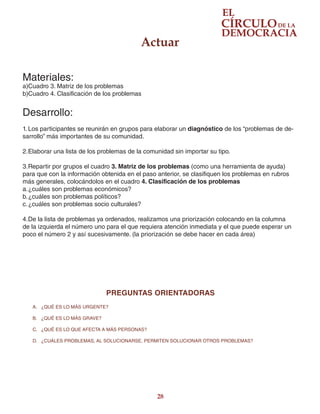 28
Materiales:
a)Cuadro 3. Matriz de los problemas
b)Cuadro 4. Clasificación de los problemas
Desarrollo:
1.	Los participantes se reunirán en grupos para elaborar un diagnóstico de los “problemas de de-
sarrollo” más importantes de su comunidad.
2.	Elaborar una lista de los problemas de la comunidad sin importar su tipo.
3.	Repartir por grupos el cuadro 3. Matriz de los problemas (como una herramienta de ayuda)
para que con la información obtenida en el paso anterior, se clasifiquen los problemas en rubros
más generales, colocándolos en el cuadro 4. Clasificación de los problemas
a.	¿cuáles son problemas económicos?
b.	¿cuáles son problemas políticos?
c.	¿cuáles son problemas socio culturales?
4.	De la lista de problemas ya ordenados, realizamos una priorización colocando en la columna
de la izquierda el número uno para el que requiera atención inmediata y el que puede esperar un
poco el número 2 y así sucesivamente. (la priorización se debe hacer en cada área)
Actuar
PREGUNTAS ORIENTADORAS
A.	 ¿QUÉ ES LO MÁS URGENTE?
B.	 ¿QUÉ ES LO MÁS GRAVE?
C.	 ¿QUÉ ES LO QUE AFECTA A MÁS PERSONAS?
D.	 ¿CUÁLES PROBLEMAS, AL SOLUCIONARSE, PERMITEN SOLUCIONAR OTROS PROBLEMAS?
 