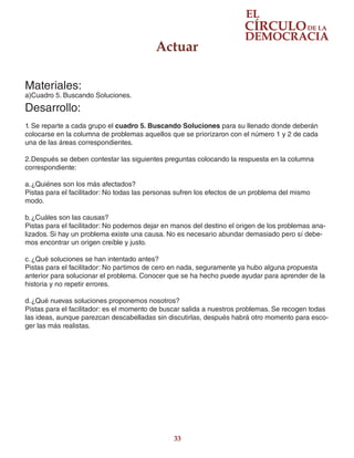 33
Materiales:
a)Cuadro 5. Buscando Soluciones.
Desarrollo:
1.	Se reparte a cada grupo el cuadro 5. Buscando Soluciones para su llenado donde deberán
colocarse en la columna de problemas aquellos que se priorizaron con el número 1 y 2 de cada
una de las áreas correspondientes.
2.	Después se deben contestar las siguientes preguntas colocando la respuesta en la columna
correspondiente:
a.	¿Quiénes son los más afectados?
Pistas para el facilitador: No todas las personas sufren los efectos de un problema del mismo
modo.
b.	¿Cuáles son las causas?
Pistas para el facilitador: No podemos dejar en manos del destino el origen de los problemas ana-
lizados. Si hay un problema existe una causa. No es necesario abundar demasiado pero sí debe-
mos encontrar un origen creíble y justo.
c.	¿Qué soluciones se han intentado antes?
Pistas para el facilitador: No partimos de cero en nada, seguramente ya hubo alguna propuesta
anterior para solucionar el problema. Conocer que se ha hecho puede ayudar para aprender de la
historia y no repetir errores.
d.	¿Qué nuevas soluciones proponemos nosotros?
Pistas para el facilitador: es el momento de buscar salida a nuestros problemas. Se recogen todas
las ideas, aunque parezcan descabelladas sin discutirlas, después habrá otro momento para esco-
ger las más realistas.
Actuar
 