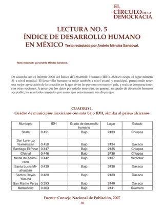 38
LECTURA NO. 5
ÍNDICE DE DESARROLLO HUMANO
EN MÉXICO Texto redactado por Andrés Méndez Sandoval.
Municipio IDH Grado de desarrollo
humano
Lugar Estado
Sitalá 0.451		 Bajo 2433
	
Chiapas
San Lorenzo
Texmelucan 0.450 Bajo 2434 Oaxaca
Santiago El Pinar 0.447 Bajo 2435 Chiapas
Chanal 0.446 Bajo 2436 Chiapas
Mixtla de Altami-
rano
0.442 Bajo 2437 Veracruz
Santa Lucía Mi-
ahuatlán
0.430 Bajo 2438 Oaxaca
Santos Reyes
Yucuná
0.429 Bajo 2439 Oaxaca
San Martín Peras 0.393 Bajo 2440 Oaxaca
Metlatónoc 0.363 Bajo 2441 Guerrero
CUADRO 1.
Cuadro de municipios mexicanos con más bajo IDH, similar al países africanos
Fuente: Consejo Nacional de Población, 2007
De acuerdo con el informe 2008 del Índice de Desarrollo Humano (IDH), México ocupa el lugar número
51 a nivel mundial. El desarrollo humano se mide también a nivel estatal y municipal, permitiendo tener
una mejor apreciación de la situación en la que viven las personas en nuestro país, y realizar comparaciones
con otras naciones. A pesar que los datos por estado muestran, en general, un grado de desarrollo humano
aceptable, los resultados arrojados por municipio notoriamente son disparejos.
Texto redactado por Andrés Méndez Sandoval.
 
