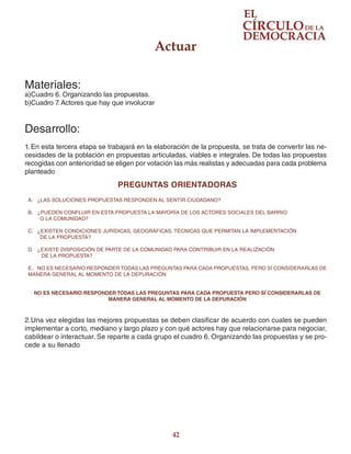 42
Materiales:
a)Cuadro 6. Organizando las propuestas.
b)Cuadro 7. Actores que hay que involucrar
Desarrollo:
1.	En esta tercera etapa se trabajará en la elaboración de la propuesta, se trata de convertir las ne-
cesidades de la población en propuestas articuladas, viables e integrales. De todas las propuestas
recogidas con anterioridad se eligen por votación las más realistas y adecuadas para cada problema
planteado
2.	Una vez elegidas las mejores propuestas se deben clasificar de acuerdo con cuales se pueden
implementar a corto, mediano y largo plazo y con qué actores hay que relacionarse para negociar,
cabildear o interactuar. Se reparte a cada grupo el cuadro 6. Organizando las propuestas y se pro-
cede a su llenado
Actuar
PREGUNTAS ORIENTADORAS
A. ¿LAS SOLUCIONES PROPUESTAS RESPONDEN AL SENTIR CIUDADANO?
B.	 ¿PUEDEN CONFLUIR EN ESTA PROPUESTA LA MAYORÍA DE LOS ACTORES SOCIALES DEL BARRIO
O LA COMUNIDAD?
C.	 ¿EXISTEN CONDICIONES JURÍDICAS, GEOGRÁFICAS, TÉCNICAS QUE PERMITAN LA IMPLEMENTACIÓN
DE LA PROPUESTA?
D.	 ¿EXISTE DISPOSICIÓN DE PARTE DE LA COMUNIDAD PARA CONTRIBUIR EN LA REALIZACIÓN
DE LA PROPUESTA?
E.	 NO ES NECESARIO RESPONDER TODAS LAS PREGUNTAS PARA CADA PROPUESTAS, PERO SÍ CONSIDERARLAS DE
MANERA GENERAL AL MOMENTO DE LA DEPURACIÓN
NO ES NECESARIO RESPONDER TODAS LAS PREGUNTAS PARA CADA PROPUESTA PERO SÍ CONSIDERARLAS DE
MANERA GENERAL AL MOMENTO DE LA DEPURACIÓN
 