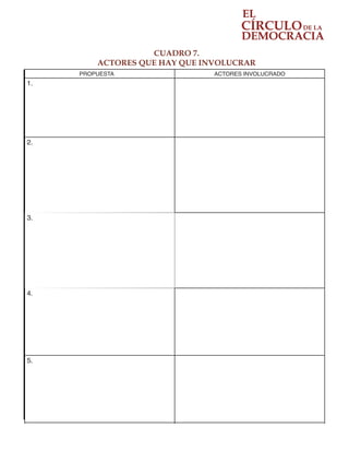 44
CUADRO 7.
ACTORES QUE HAY QUE INVOLUCRAR
PROPUESTA	 ACTORES INVOLUCRADO
1.
2.
3.
4.
5.
 