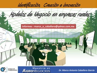Identificación, Creación e innovación
Modelos de Negocio en empresas rurales
      Informes : marco_a_caballero@yahoo.com.mx




                                  Dr. Marco Antonio Caballero García
 