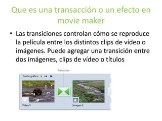 Que es una transacción o un efecto en
movie maker
• Las transiciones controlan cómo se reproduce
la película entre los distintos clips de vídeo o
imágenes. Puede agregar una transición entre
dos imágenes, clips de vídeo o títulos
 