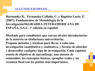 ALGUNOS EJEMPLOS … Hernandez R.,  Fernandez Collado, C. y Baptista Lucio, P.(2007), Fundamentos de Metodología de la InvestigaciónMcGRAHILL/INTERAMERICANA DE ESPAÑA, S.A.U. 1º edición en español. Diseñado para estudiantes que cursan niveles introductorios de la materia en titulaciones universitarias. Propone métodos y técnicas para llevar a cabo una investigación cuantitativa y cualitativa, y formas de abordar y desarrollar cualquier tipo de investigación. Cada capítulo consta de objetivos de aprendizaje, una síntesis de contenidos, los conceptos básicos, ejemplos reales y un resumen final con los puntos más importantes. 