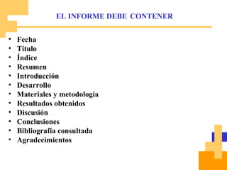 EL INFORME DEBE   CONTENER Fecha Título Índice Resumen Introducción  Desarrollo Materiales y metodología Resultados obtenidos Discusión Conclusiones Bibliografía consultada Agradecimientos 