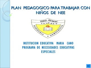 PLAN PEDAGOGICO PARA TRABAJAR CON
          NIÑOS DE NEE




     INSTITUCION EDUCATIVA MARIA CANO
    PROGRAMA DE NECESIDADES EDUCATIVAS
                  ESPECIALES
 