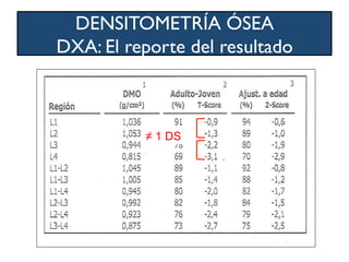 ≠ 1 DS
DENSITOMETRÍA ÓSEA
DXA: El reporte del resultado	
  
 