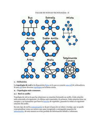 TALLER DE NUEVAS TECNOLOGÍAS - II




1. - Definición
La topología de red es la disposición física en la que se conecta una red de ordenadores.
Si una red tiene diversas topologías se la llama mixta.
2. - Topologías más comunes
2.1 - Red en anillo
Topología de red en la que las estaciones se conectan formando un anillo. Cada estación
está conectada a la siguiente y la última está conectada a la primera. Cada estación tiene un
receptor y un transmisor que hace la función de repetidor, pasando la señal a la siguiente
estación del anillo.
En este tipo de red la comunicación se da por el paso de un token o testigo, que se puede
conceptualizar como un cartero que pasa recogiendo y entregando paquetes de
información, de esta manera se evita perdida de información debido a colisiones.
 