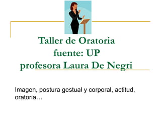 Taller de Oratoria
fuente: UP
profesora Laura De Negri
Imagen, postura gestual y corporal, actitud,
oratoria…
 