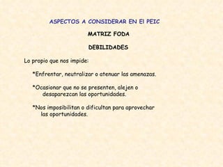 ASPECTOS A CONSIDERAR EN El PEIC MATRIZ FODA   DEBILIDADES  Lo propio que nos impide:  *Enfrentar, neutralizar o atenuar las amenazas.  *Ocasionar que no se presenten, alejen o  desaparezcan las oportunidades.  *Nos imposibilitan o dificultan para aprovechar  las oportunidades.  