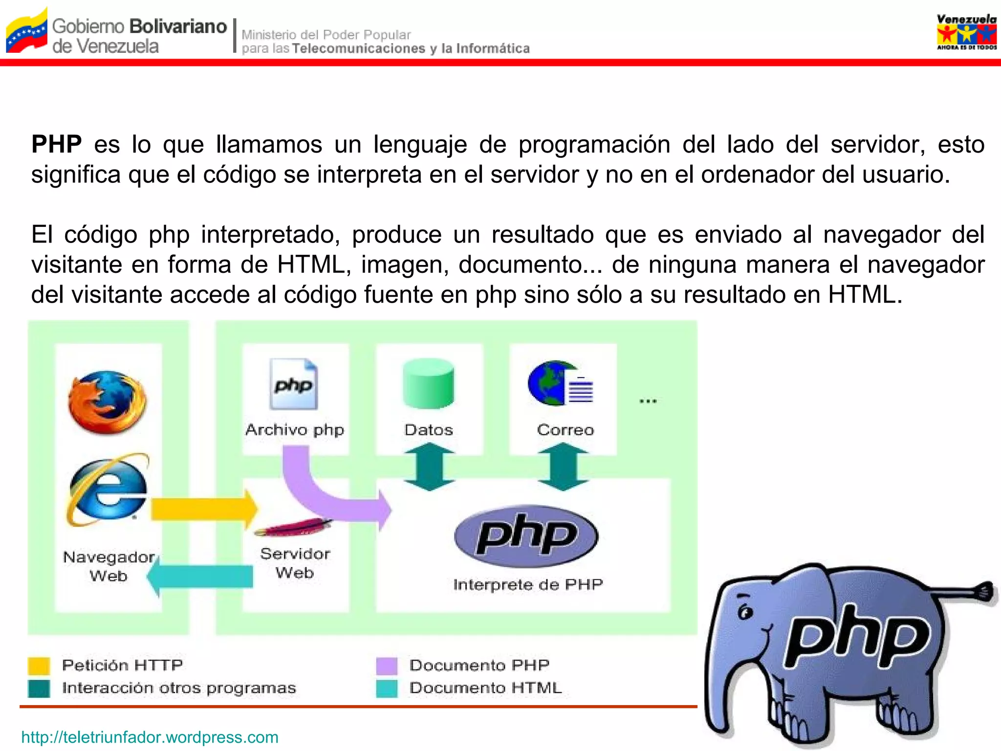 PHP es lo que llamamos un lenguaje de programación del lado del servidor, esto
 significa que el código se interpreta en el servidor y no en el ordenador del usuario.

 El código php interpretado, produce un resultado que es enviado al navegador del
 visitante en forma de HTML, imagen, documento... de ninguna manera el navegador
 del visitante accede al código fuente en php sino sólo a su resultado en HTML.




http://teletriunfador.wordpress.com
 