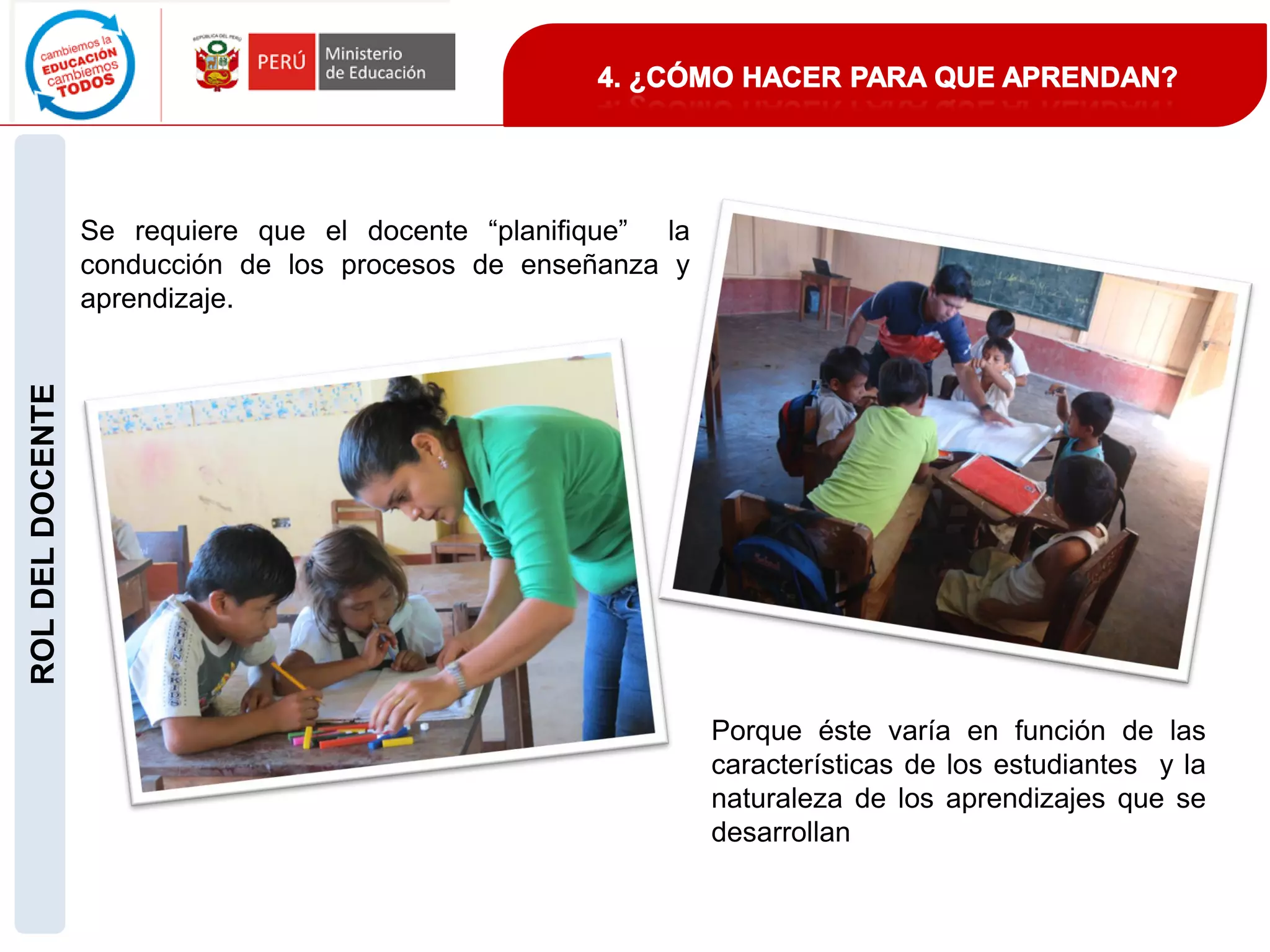 Se requiere que el docente “planifique” la
conducción de los procesos de enseñanza y
aprendizaje.
Porque éste varía en función de las
características de los estudiantes y la
naturaleza de los aprendizajes que se
desarrollan
ROLDELDOCENTE
 