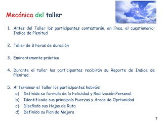 Mecánica del taller
1. Antes del Taller los participantes contestarán, en línea, el cuestionario:
Indice de Plenitud
2. Taller de 8 horas de duración
3. Eminentemente práctico
4. Durante el taller los participantes recibirán su Reporte de Indice de
Plenitud.
5. Al terminar el Taller los participantes habrán:
a) Definido su formula de la Felicidad y Realización Personal.
b) Identificado sus principals Fuerzas y Areas de Oprtunidad
c) Diseñado sus Hojas de Ruta
d) Definido su Plan de Mejora
7
 
