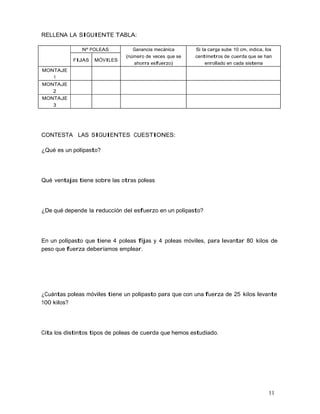 11
RELLENA LA SIGUIENTE TABLA:
Nº POLEAS Ganancia mecánica
(número de veces que se
ahorra esfuerzo)
Si la carga sube 10 cm, indica, los
centímetros de cuerda que se han
enrollado en cada sistema
FIJAS MÓVILES
MONTAJE
1
MONTAJE
2
MONTAJE
3
CONTESTA LAS SIGUIENTES CUESTIONES:
¿Qué es un polipasto?
Qué ventajas tiene sobre las otras poleas
¿De qué depende la reducción del esfuerzo en un polipasto?
En un polipasto que tiene 4 poleas fijas y 4 poleas móviles, para levantar 80 kilos de
peso que fuerza deberíamos emplear.
¿Cuántas poleas móviles tiene un polipasto para que con una fuerza de 25 kilos levante
100 kilos?
Cita los distintos tipos de poleas de cuerda que hemos estudiado.
 