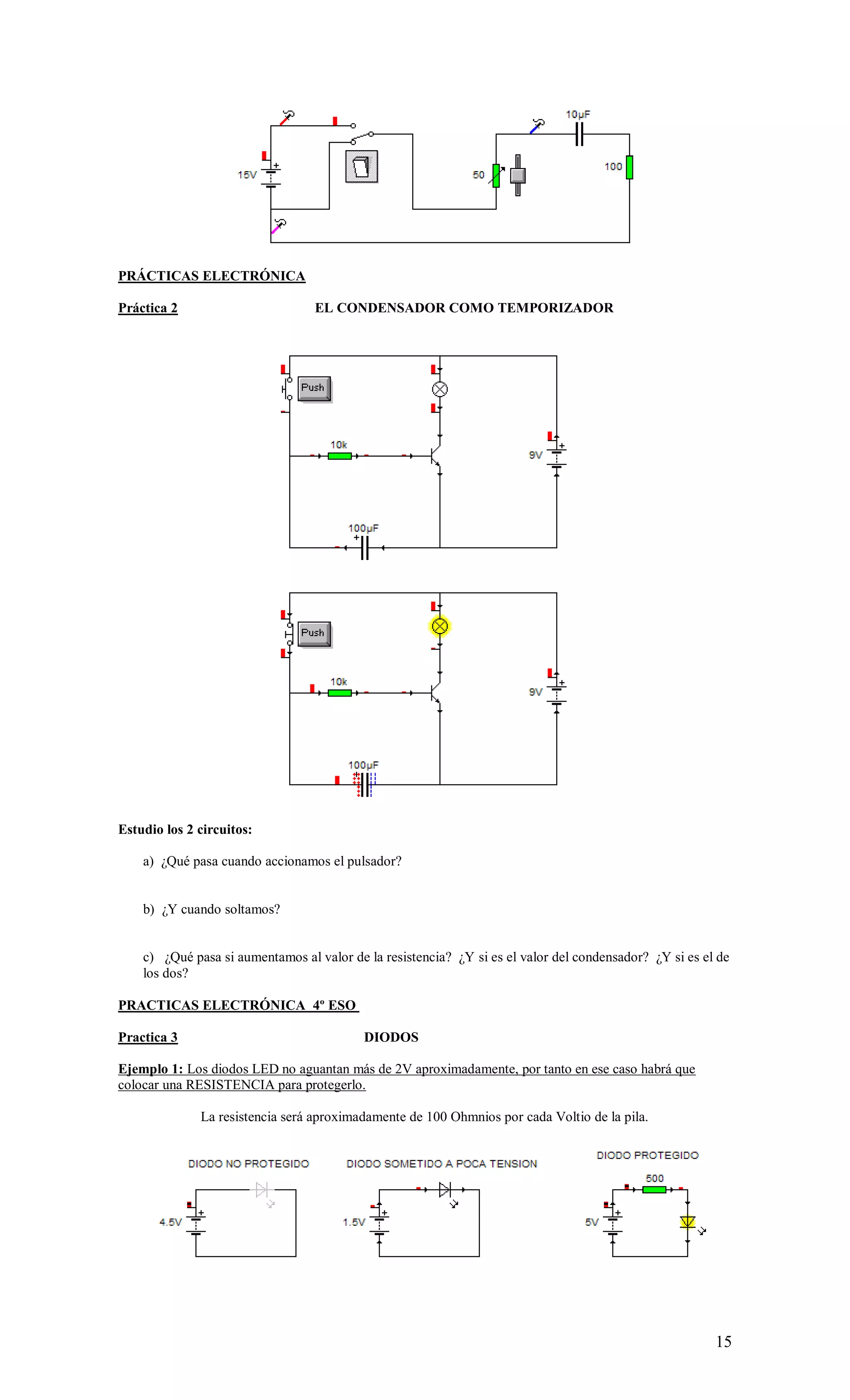 15
PRÁCTICAS ELECTRÓNICA
Práctica 2 EL CONDENSADOR COMO TEMPORIZADOR
Estudio los 2 circuitos:
a) ¿Qué pasa cuando accionamos el pulsador?
b) ¿Y cuando soltamos?
c) ¿Qué pasa si aumentamos al valor de la resistencia? ¿Y si es el valor del condensador? ¿Y si es el de
los dos?
PRACTICAS ELECTRÓNICA 4º ESO
Practica 3 DIODOS
Ejemplo 1: Los diodos LED no aguantan más de 2V aproximadamente, por tanto en ese caso habrá que
colocar una RESISTENCIA para protegerlo.
La resistencia será aproximadamente de 100 Ohmnios por cada Voltio de la pila.
 