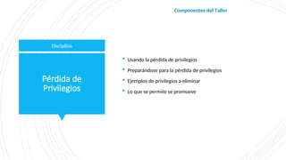 Pérdida de
Privilegios
 Usando la pérdida de privilegios
 Preparándose para la pérdida de privilegios
 Ejemplos de privilegios a eliminar
 Lo que se permite se promueve
Disciplina
Componentes del Taller
 