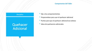 Quehacer
Adicional
 Ojo a los comportamientos
 Preparandose para usar el quehacer adicional
 Puntos para que el quehacer adicional sea exitoso
 Ideas de quehaceres adicionales
Disciplina
Componentes del Taller
 