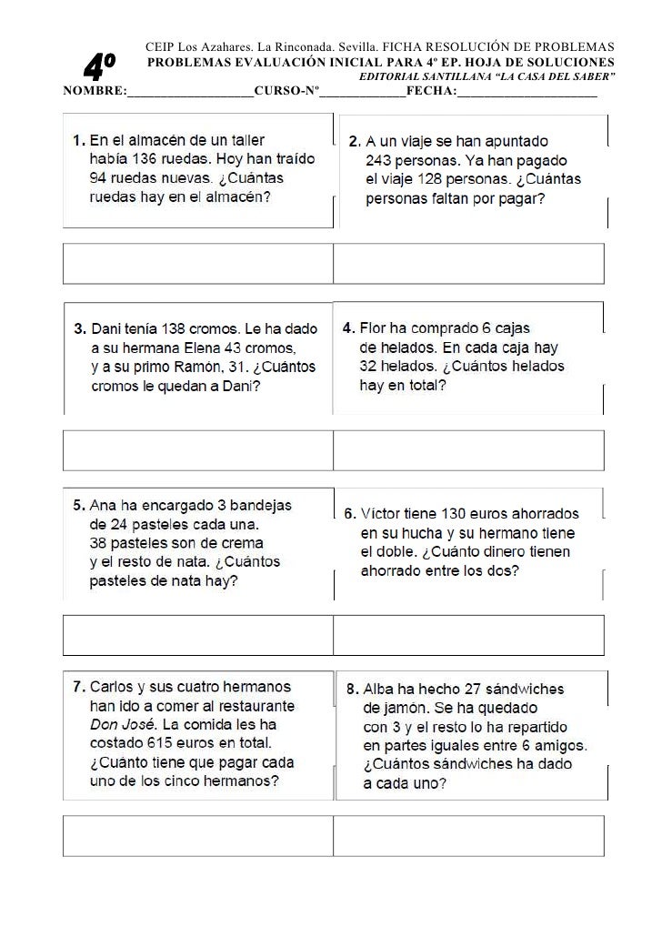 Problemas Para Cuarto De Primaria Problemas Para Cuarto De Primaria