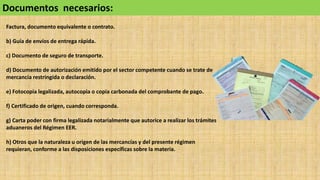Documentos necesarios:
Factura, documento equivalente o contrato.
b) Guía de envíos de entrega rápida.
c) Documento de seguro de transporte.
d) Documento de autorización emitido por el sector competente cuando se trate de
mercancía restringida o declaración.
e) Fotocopia legalizada, autocopia o copia carbonada del comprobante de pago.
f) Certificado de origen, cuando corresponda.
g) Carta poder con firma legalizada notarialmente que autorice a realizar los trámites
aduaneros del Régimen EER.
h) Otros que la naturaleza u origen de las mercancías y del presente régimen
requieran, conforme a las disposiciones específicas sobre la materia.
 