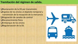 Tramitación del régimen de salida.
Numeración de la DS por transmisión
Ingreso de los envíos al depósito temporal y
transmisión de la recepción de la mercancía
Asignación de canales de control
Reconocimiento físico
Embarque de los envíos
Regularización de la DS
 