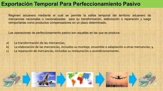 Exportación Temporal Para Perfeccionamiento Pasivo
Régimen aduanero mediante el cual se permite la salida temporal del territorio aduanero de
mercancías nacionales o nacionalizadas para su transformación, elaboración o reparación y luego
reimportarlas como productos compensadores en un plazo determinado.
Las operaciones de perfeccionamiento pasivo son aquellas en las que se produce:
a) La transformación de las mercancías;
b) La elaboración de las mercancías, incluidos su montaje, ensamble o adaptación a otras mercancías; y,
c) La reparación de mercancías, incluidas su restauración o acondicionamiento.
 