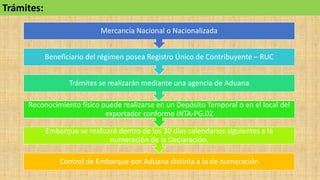 Control de Embarque por Aduana distinta a la de numeración
Embarque se realizará dentro de los 30 días calendarios siguientes a la
numeración de la Declaración.
Reconocimiento físico puede realizarse en un Depósito Temporal o en el local del
exportador conforme INTA-PG.02
Trámites se realizarán mediante una agencia de Aduana
Beneficiario del régimen posea Registro Único de Contribuyente – RUC
Mercancía Nacional o Nacionalizada
Trámites:
 