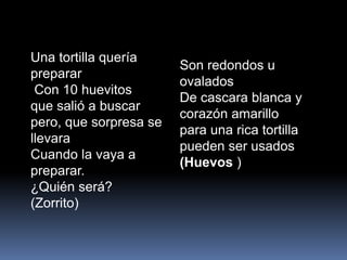 Una tortilla quería
preparar
Con 10 huevitos
que salió a buscar
pero, que sorpresa se
llevara
Cuando la vaya a
preparar.
¿Quién será?
(Zorrito)

Son redondos u
ovalados
De cascara blanca y
corazón amarillo
para una rica tortilla
pueden ser usados
(Huevos )

 