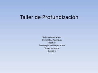 Taller de Profundización


          Sistemas operativos
         Brayan Díaz Rodríguez
                Udenar
       Tecnología en computación
            Tercer semestre
                Grupo 1
 