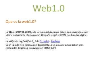 Web1.0 Que es la web1.0? La 'Web 1.0 (1991-2003) es la forma más básica que existe, con navegadores de sólo texto bastante rápidos como. Después surgió el HTML que hizo las páginas ...es.wikipedia.org/wiki/Web_1.0 - En caché- Similares Es un tipo de web estática con documentos que jamás se actualizaban y los contenidos dirigidos a la navegación (HTML GIF9. 