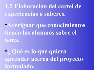 1.2 Elaboración del cartel de experiencias o saberes. Averiguar que conocimientos tienen los alumnos sobre el tema. ¿ Qué es lo que quiero aprender acerca del proyecto formulado. 