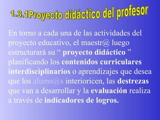 1.3.1Proyecto didáctico del profesor En torno a cada una de las actividades del proyecto educativo, el maestr@ luego estructurará su “  proyecto didáctico  ” planificando los  contenidos curriculares interdisciplinarios  o aprendizajes que desea que los  [email_address]  interioricen, las  destrezas  que van a desarrollar y la  evaluación  realiza a través de  indicadores de logros. 