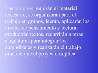 Los  alumnos  reunirán el material necesario, se organizarán para el trabajo en grupos, leerán, aplicarán los niveles de pensamiento y lectura, producirán textos, recurrirán a otras asignaturas para integrar los aprendizajes y realizarán el trabajo práctico que el proyecto implica. 