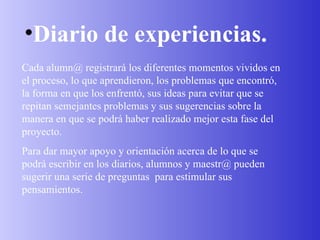 Diario de experiencias. Cada alumn@ registrará los diferentes momentos vividos en el proceso, lo que aprendieron, los problemas que encontró, la forma en que los enfrentó, sus ideas para evitar que se repitan semejantes problemas y sus sugerencias sobre la manera en que se podrá haber realizado mejor esta fase del proyecto. Para dar mayor apoyo y orientación acerca de lo que se podrá escribir en los diarios, alumnos y maestr@ pueden sugerir una serie de preguntas  para estimular sus pensamientos.  
