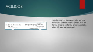 ACILICOS
 Son los que no forma un ciclo, los que
tiene una cadena abierta ya sea esta en
forma lineal o en forma arborescente(se
diversifica en varias ramas).
 