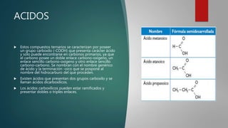 ACIDOS
 Estos compuestos ternarios se caracterizan por poseer
un grupo carboxilo (-COOH) que presenta carácter ácido
y solo puede encontrarse en carbonos primarios, ya que
el carbono posee un doble enlace carbono-oxígeno, un
enlace sencillo carbono-oxígeno y otro enlace sencillo
carbono-carbono. Se nombran con el nombre genérico
de ácido y la terminación -oico que se pospone al
nombre del hidrocarburo del que proceden.
 Existen ácidos que presentan dos grupos carboxilo y se
llaman ácidos dicarboxílicos.
 Los ácidos carboxílicos pueden estar ramificados y
presentar dobles o triples enlaces.
 