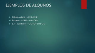 EJEMPLOS DE ALQUNOS
 Etileno o eteno → CH2=CH2
 Propeno → CH2 = CH – CH3
 1,3 – butadieno → CH2=CH-CH2-CH3
 