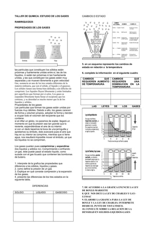 TALLER DE QUIMICA: ESTUDIO DE LOS GASES
RAMIRIQUI/2025
PROPIEDADES DE LOS GASES
las partículas que constituyen los sólidos están
próximas y fuertemente unidas entre sí; las de los
líquidos, ni están tan próximas ni tan fuertemente
unidas, y las que constituyen los gases están muy
separadas y se mueven libremente a gran velocidad
Gas, sustancia en uno de los tres estados diferentes de la
materia ordinaria, que son el sólido, el líquido y el gaseoso.
Los sólidos tienen una forma bien definida y son difíciles de
comprimir. Los líquidos fluyen libremente y están limitados
por superficies que forman por sí solos. Los gases se
expanden libremente hasta llenar el recipiente que los
contiene, y su densidad es mucho menor que la de los
líquidos y sólidos.
Propiedades de los gases
Las partículas que forman los gases están unidas por
fuerzas muy débiles. Debido a ello, los gases carecen
de forma y volumen propios, adoptan la forma y tienden
a ocupar todo el volumen del recipiente que los
contiene.
si al inflar un globo, no paramos de soplar, llegará un
momento en que la presión sea tan grande que lo
reviente, expandiéndose el aire de su interior.
si con un dedo tapamos la boca de una jeringuilla y
apretamos su émbolo, éste avanzará pues el aire que
hay en su interior se comprime, mientras que si tiene
agua, nos resultará imposible mover el émbolo, ya que
los líquidos no se comprimen.
Los gases pueden pues comprimirse y expandirse
(los líquidos y sólidos no). Comprimiendo o enfriando
un gas, éste puede pasar al estado líquido, como
sucede con el gas licuado que contienen las bombonas
de butano.
1. interprete de la grafica las propiedades que
diferencia a los sólidos, líquidos y gases.
2. como define la presión de un gas
3. Explique en qué consiste compresión y la expansión
de los gases.
4. presento las diferencias de los tres estados en la
siguiente tabla.
DIFERENCIAS
SOLIDO LIQUIDO GASEOSO
CAMBIOS D ESTADO
5. en un esquema represento los cambios de
estado en relación a la temperatura
6. completo la información en el siguiente cuadro
CAMBIOS QUE
REQUIEREN AUMENTO
DE TEMPERARURA
CAMBIOS QUE
REQUIEREN UNA
DISMINUCION EN LA
TEMPERARURA
LAS LEYES DE LOS GASES
7. DE ACUERDO A LA GRAFICA ENUNCIE LA LEY
DE BOYLE-MARIOTTE
8. QUE NOS DICE LA LEY DE CHARLES Y GAY-
LUSSAC
9. ELABORE LA GRAFICA PARA LA LEY DE
BOYLE Y LA LEY DE CHARLES. INTERPRETE
DESDE EL PUNTO DE VISTA FISICO.
10. CONSULTE SOBRE LA RELACION DE LA
DENSIDAD EN SOLIDOS-LIQUIDOS-GASES
 