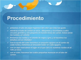 Procedimiento
pintamos el tubo de papel higiénico del color que más nos guste.
mientras el tubo de cartón se seca, dibujamos y recortamos cuatro
círculos grandes y uno pequeño en nuestro trozo de cartón. Estos serán
las ruedas y el volante.
Pintamos las ruedas y el volante de negro o gris, y le hacemos los
detalles con un rotulador.
Con la ayuda del cúter hacemos un pequeño agujero en el centro de
cada rueda y metemos un encuadernador en cada agujero.
con un lápiz marcamos el lugar en el que van a ir nuestras ruedas en el
rollo ya seco.
con el cúter, hacemos las cuatro pequeñas muescas en el tubo de
cartón.
 