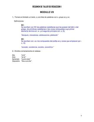 RESUMEN DE TALLER DE REDACCION 1

                                     MODULO VII

1.- Tomara al dictado un texto, o una lista de palabras con x, grupo sc y xc:

  Definiciones:

            SC:
            Se escriben con SC las palabras castellanas que las posean del latin o del
            griego, de primitivas castellanas o las voces compuestas cuyo primer
            elemento termina en -s- y el segundo principia con -c- Ej:

            “discipulo, miscelanea, adolescencia, plebiscito”

            XC:
            Se escriben con -xc- los compuestos del prefijo ex y voces que empiecen por -
            c-. Ej:

            “exceder, excelencia, excelso, excentrico.”

2.- Dividira correctamente en silabas:

Ala:        “a-la”
Aire:       “ai-re”
Apreciais   “a-pre-ciais”
Saavedra    “Sa-a-ve-dra”




                                                                                         9
 