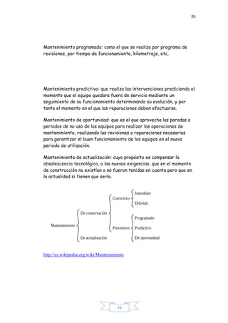26
26
Mantenimiento programado: como el que se realiza por programa de
revisiones, por tiempo de funcionamiento, kilometraje, etc.
Mantenimiento predictivo: que realiza las intervenciones prediciendo el
momento que el equipo quedara fuera de servicio mediante un
seguimiento de su funcionamiento determinando su evolución, y por
tanto el momento en el que las reparaciones deben efectuarse.
Mantenimiento de oportunidad: que es el que aprovecha las paradas o
periodos de no uso de los equipos para realizar las operaciones de
mantenimiento, realizando las revisiones o reparaciones necesarias
para garantizar el buen funcionamiento de los equipos en el nuevo
periodo de utilización.
Mantenimiento de actualización: cuyo propósito es compensar la
obsolescencia tecnológica, o las nuevas exigencias, que en el momento
de construcción no existían o no fueron tenidas en cuenta pero que en
la actualidad si tienen que serlo.
http://es.wikipedia.org/wiki/Mantenimiento
 