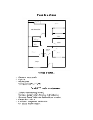 Plano de la oficina




                        Puntos a tratar…

Cableado estructurado
Equipos
Instalaciones
Configuración (WAN y LAN)

               En el SITE pudimos observar…

Alimentación eléctrica(Medidor)
Centro de Carga Tablero Principal de Distribución
Centro de Carga Tablero de distribución de circuitos
Cables de contactos
Contactos, apagadores y luminarias
Los cables de alimentación
 