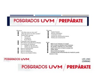 ¿Cómo empezamos?
Objetivos:
● ¿Por Qué existe mi sitio web?
● ¿Para qué quiero las redes sociales?
● Definir Buyer persona
○ Keywords
○ Keyphrases
●
●
●
●
●
●
●
Social Media○
Contenidos (más replicados)
SEO (Sitio/Contenidos/Social Media)
Usa sistemas de monitoreo
○ pagados te dan más info
○ sistema de administración
Plan de mantenimiento
Plan de contenidos
Plan de contingencias
Plan de crisis (medio FODA)
Recursos:
● Equipo humano
● Recurso informático
● Contenidos locales
● Sistema de comunicación interna
● Políticas de comunicación
Inicio:
● 80% lo que interesa a tu target
● 20% lo que te interesa como empresa
● No pautes, entiende a tu comunidad
● Usa tu red como si fuera tu propia red
● Obtén datos
● Documenta el progreso
● El ajuste de las herramientas de medición puede
tomar un mes.
 
