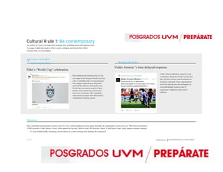 Cultural R ule 1: Be contemporary
The culture of Twitter is occupied with breaking news, unfolding stories and ongoing events.
To engage, brands must speak to what’s current, emergent, and newsworthy to their
consumer base, as events happen.
Brand Category: Sports apparel
Following the Rules
Nike’s ‘World Cup’ celebration
Nike celebrates the moment of the US win
over Japan in the Women's World Cup Final
with an embedded video of congratulations.
Nike engages with both their sponsored
team and the audience, drawing previous
World Cup wins into the context of their
present victory, furthering conversation
and viewer excitement. Nike’s prepared
video and its execution show their brand’s
commitment to staying current.
Breaking the Rules
Under Armour ’s time delayed response
Under Armour might have joined in on the
commentary during the World Cup final, but
they fail ed to connect with the audience in
the game's aftermath. Their congratulations
arrive d at 6am the next day and appear ed
as an afterthought, losing a sense of
connection it might have had with its'
audience.
Takeaway:
Nike’s immediate and passionate reaction to the USA win is acknowledged in the post-game aftermath: the congratulatory tweet earns over 7000 retweets and almost
15,000 favourites. Under Armour’s tweet, which appears the next day, failed to crack 100 favourites. Speed, or lack thereof, signi cantly impacts consumer response.
- Is your brand boldly initiating conversation as events emerge and leading the response?
11 / 23 ///// Diamond Whitepaper Social Media Brand Strategy: The Four Districts Approach
 