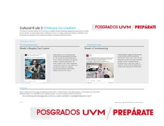 Cultural R ule 2: Embrace co-creation
The citizens of Facebook build the story of who they are, together, through commenting, tagging and posting directly on another
person’s timeline: no person operates alone in crafting his or her story. To engage, brands must champion a collaborative spirit
that facilitates fan engagement while retaining and building a meaningful and legitimate identity.
Brand Category: Automotive
Honda features one of its dedicated fans:
an artist who has hand-engraved his Honda
EG. The reaction from other Honda fans is
positive, and the artist himself even responds
to others’ comments and questions. The
choice to feature a fan’s unique engagement
with the brand results in a truly collaborative
and dynamic timeline post , spurring
discussion and helping to build Honda’s
identity in the eyes of its viewers.
Nissan attempts to engage their fans through
a video promotion which crowdsources
ideas for their “Will it stick?” series. By only
letting fans contribute in through a campaign
mechanic, Nissan’s individual posts do
not garner nearly as many likes, shares, or
comments. Nissan misses the opportunity to
let fans interact and connect with other fans.
Following the Rules
Honda’s Bespoke Fan Content
Breaking the Rules
Nissan’s Crowdsourcing
Takeaway:
Nissan’s timeline posts fail to engage any significant portion of their 13 million followers, while Honda manage s to create genuine buzz with a photo
album that compel s over 3000 people to like, comment, and share—and with 10 million less followers than Nissan.
- Are you allowing and encouraging fans to actively co-create your brand in a meaningful (and positive way)?
16 / 23 /////
Diamond Whitepaper Social Media Brand Strategy: The Four Districts Approach
 