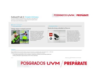 Diamond Whitepaper Social Media Brand Strategy: The Four Districts Approach
Cultural R ule 2: Create intimacy
The citizens of Snapchat use the inherent privacy of their district to share different and
personal ways of expressing themselves. To engage, brands must be equally open and
offer a window into the real brand behind the façade.
Brand Category: Soft drink and N/A
Following the Rules
Change unique to uniquely personal
Mountain Dew develops a close relationship
with its followers by sharing playful visuals.
With the story of a freshly liberated thumb
enjoying a day out in NYC following the
removal of the “hold to view” feature on
Snapchat, the brand shares a unique response
to the platform’s updates. Through creative
storytelling and relevant references like
these, they position themselves as a
brand with character.
Breaking the Rules
Brand advertising embedded in Discover
The permanent channels of Snapchat’s
Discover feature are not only unpopular
amongst users, but also shun originality by
using pre-existing content from the Web.
By embedding themselves amidst calculated
and impersonal content, brands lose the
prospect of casual intimacy and creative
expression that comes with using a Snapchat
account. Brands become distant to viewers
on the very platform created deliberately to
facilitate interpersonal engagements.
Takeaway:
Brands embedded in Discover lose their intimate connections by getting lost in regurgitated content, while Mountain Dew’s exibility and
willingness to play with its brand image in-front of its followers sets itself apart as a leading brand on Snapchat.
- Is your brand creating intimacy with its consumers, coming across as having a real personality behind your
carefully crafted public image presented in above-the-line marketing?
20 / 23 /////
 