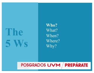The
5 Ws
Who?
What?
When?
Where?
Why?
 