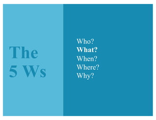 The
5 Ws
Who?
What?
When?
Where?
Why?
 