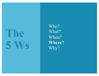 The
5 Ws
Who?
What?
When?
Where?
Why?
 