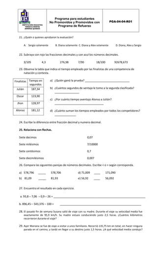 INSTITUCIÓN EDUCATIVA
TERESITA MONTES
ARMENIA QUINDIO
Programa para estudiantes
No Promovidos y Promovidos con
Programa de Refuerzo
PGA-04-04-R01
21. ¿Quién o quienes aprobaron la evaluación?
A. Sergio solamente B. Diana solamente C. Diana y Alex solamente D. Diana, Alex y Sergio
22. Subraya con rojo las fracciones decimales y con azul los números decimales.
3/105 4,3 276,98 7/90 18/100 92678,673
23. Observa la tabla que indica el tiempo empleado por las finalistas de una competencia de
natación y contesta.
a) ¿Quién ganó la prueba? _____________________________
b) ¿Cuántos segundos de ventaja le tomo a la segunda clasificada?
________________
c) ¿Por cuánto tiempo aventajo Alonso a Julián?
________________________________
d) ¿Cuánto suman los tiempos empleados por todos los competidores?
______________
24. Escribe la diferencia entre fracción decimal y numero decimal.
25. Relaciona con flechas.
Siete decimos 0,07
Siete milésimos 7/10000
Siete centésimos 0,7
Siete diezmilésimos 0,007
26. Compara las siguientes parejas de números decimales. Escribe < o > según corresponda.
a) 578,796 _____ 578,706 d) 71,009 ____ 171,090
b) 81,09 _____ 81,93 e) 56,92 ____ 56,092
27. Encuentra el resultado en cada ejercicio.
a. 93,8  7,06  0,9  26 = ____________________________________________________________
b. 896,45 – 543,376 – 100 = _____________________________________________________
28. El pasado fin de semana Susana salió de viaje con su madre. Durante el viaje su velocidad media fue
exactamente de 95,9 km/h. Su madre estuvo conduciendo justo 2,5 horas. ¿Cuántos kilómetros
recorrieron durante el viaje?
29. Ayer Mariana se fue de viaje a visitar a unos familiares. Recorrió 135,75 km en total, sin hacer ninguna
parada en el camino, y tardó en llegar a su destino justo 1,5 horas. ¿A qué velocidad media condujo?
Finalistas Tiempo en
segundos
Julián 187,34
Oscar 123,90
Jhon 128,97
Alonso 181,12
 